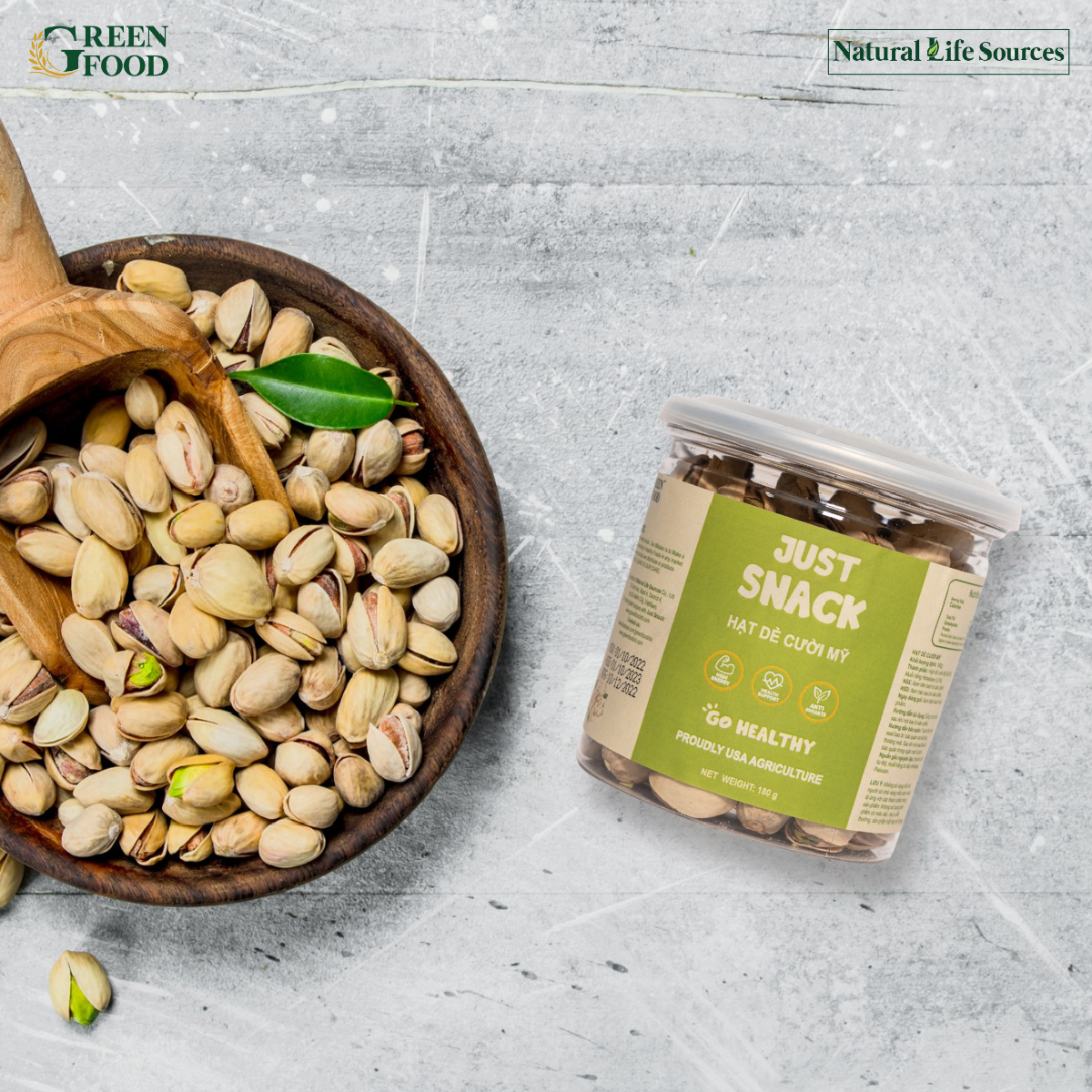 Mô tả Hạt Dẻ Cười Mỹ Just Snack Green Food có vỏ | Hộp 180g - 1