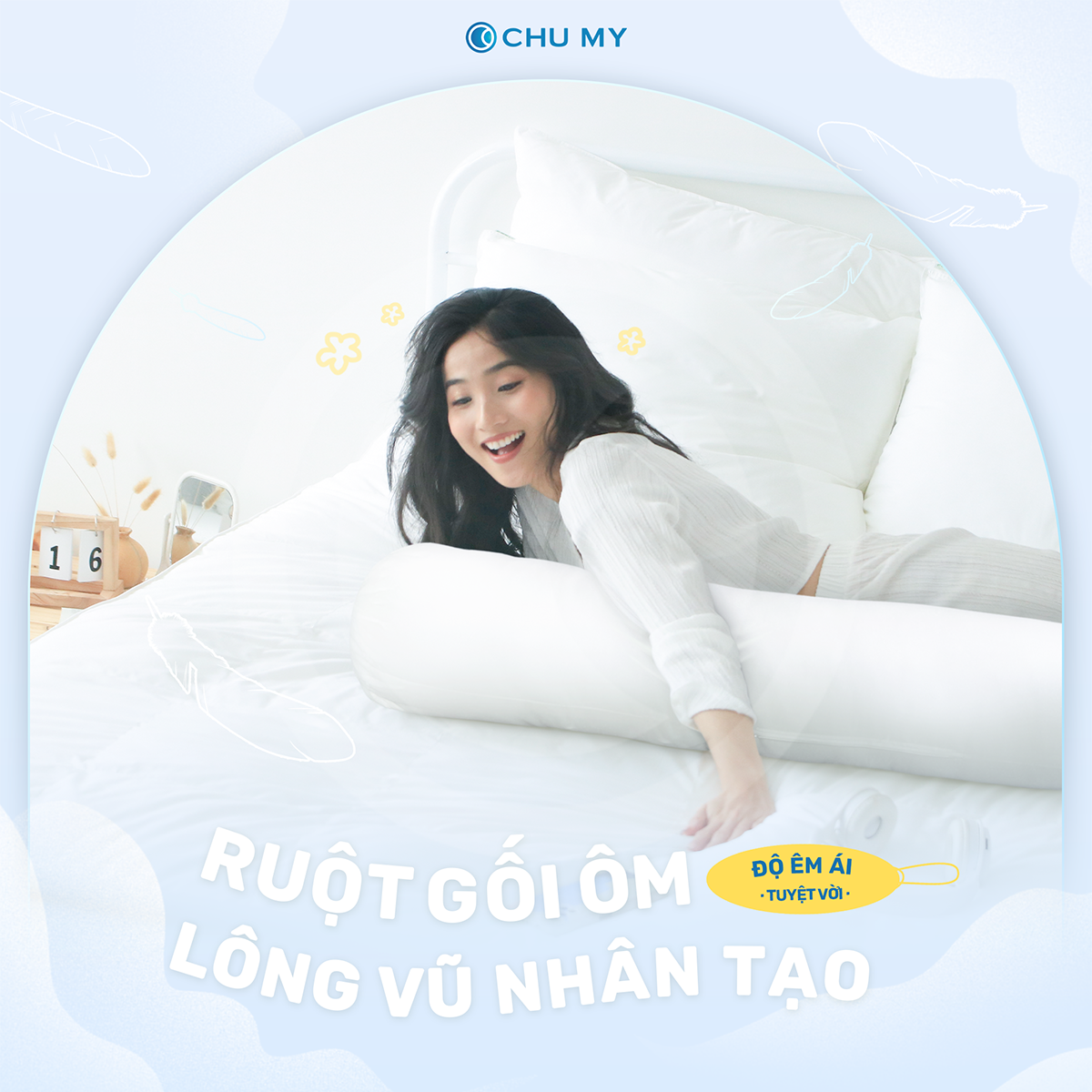 Mô tả Ruột gối ôm CHU MY, bông Microfiber, vỏ 100% cotton T400, khách sạn 5 sao, D35x100cm - 1