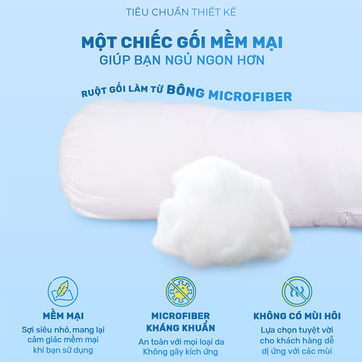 Mô tả Ruột gối ôm CHU MY, bông Microfiber, vỏ 100% cotton T400, khách sạn 5 sao, D35x100cm - 3