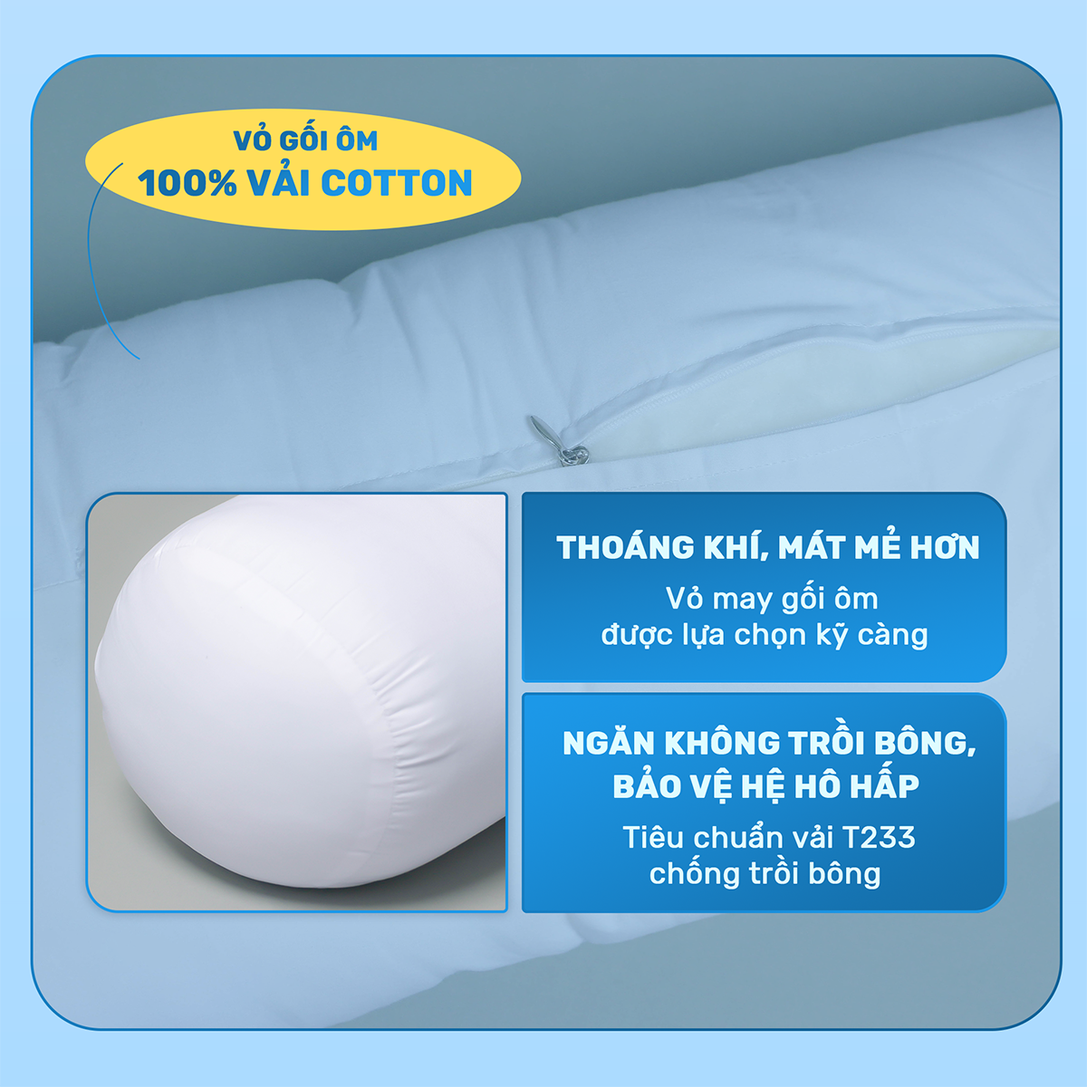 Mô tả Ruột gối ôm CHU MY, bông Microfiber, vỏ 100% cotton T400, khách sạn 5 sao, D35x100cm - 4