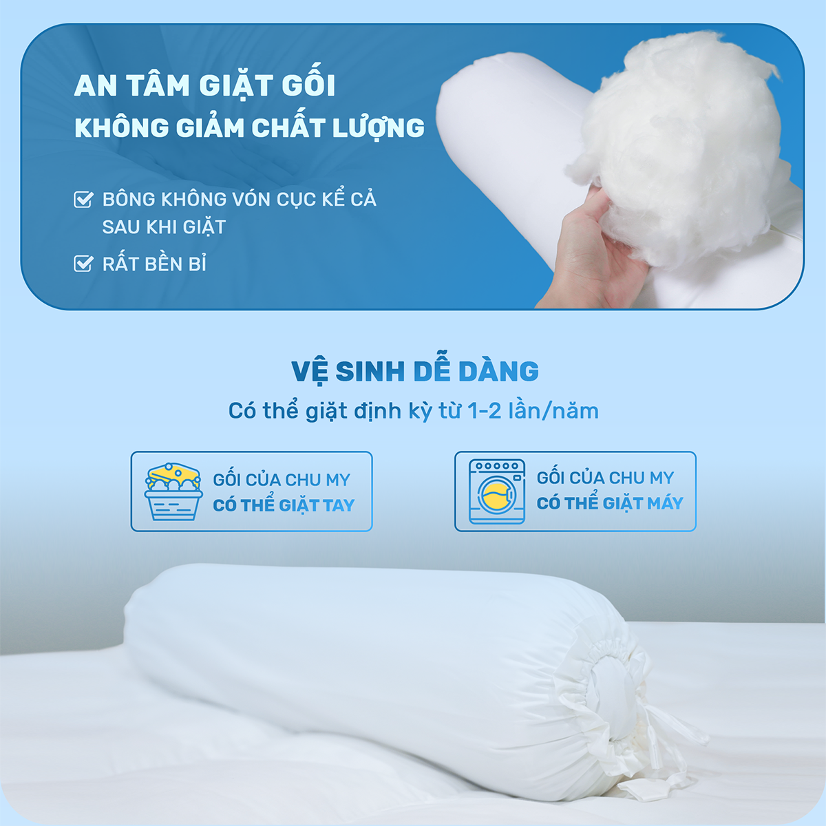 Mô tả Ruột gối ôm CHU MY, bông Microfiber, vỏ 100% cotton T400, khách sạn 5 sao, D35x100cm - 6