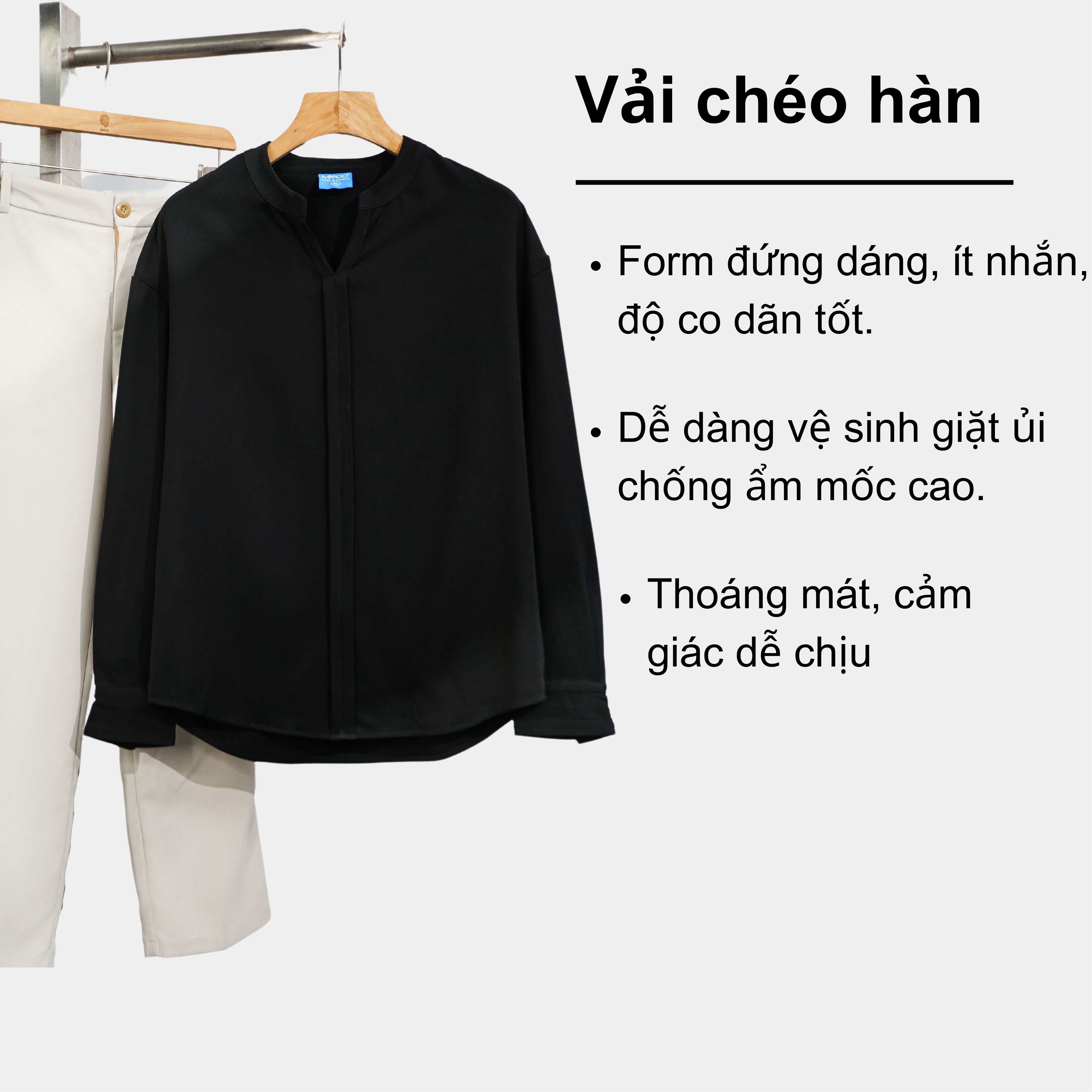 Mô tả Áo Sơ Mi Nam Form Rộng Dài Tay Cổ Trụ Hàn Quốc Mando Chất Vải Chéo Hàn Chống Nhăn Thoáng Mát - SHT015 - 1