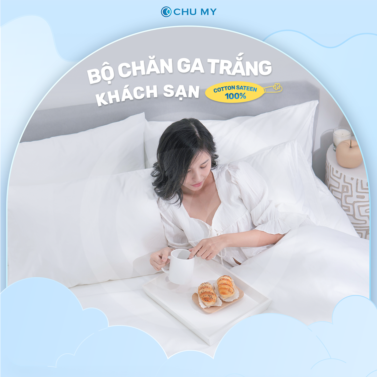 Mô tả Bộ chăn ga trắng khách sạn CHU MY, cotton Sateen 100%, T400, chuẩn 5 sao cho phòng ngủ - 1
