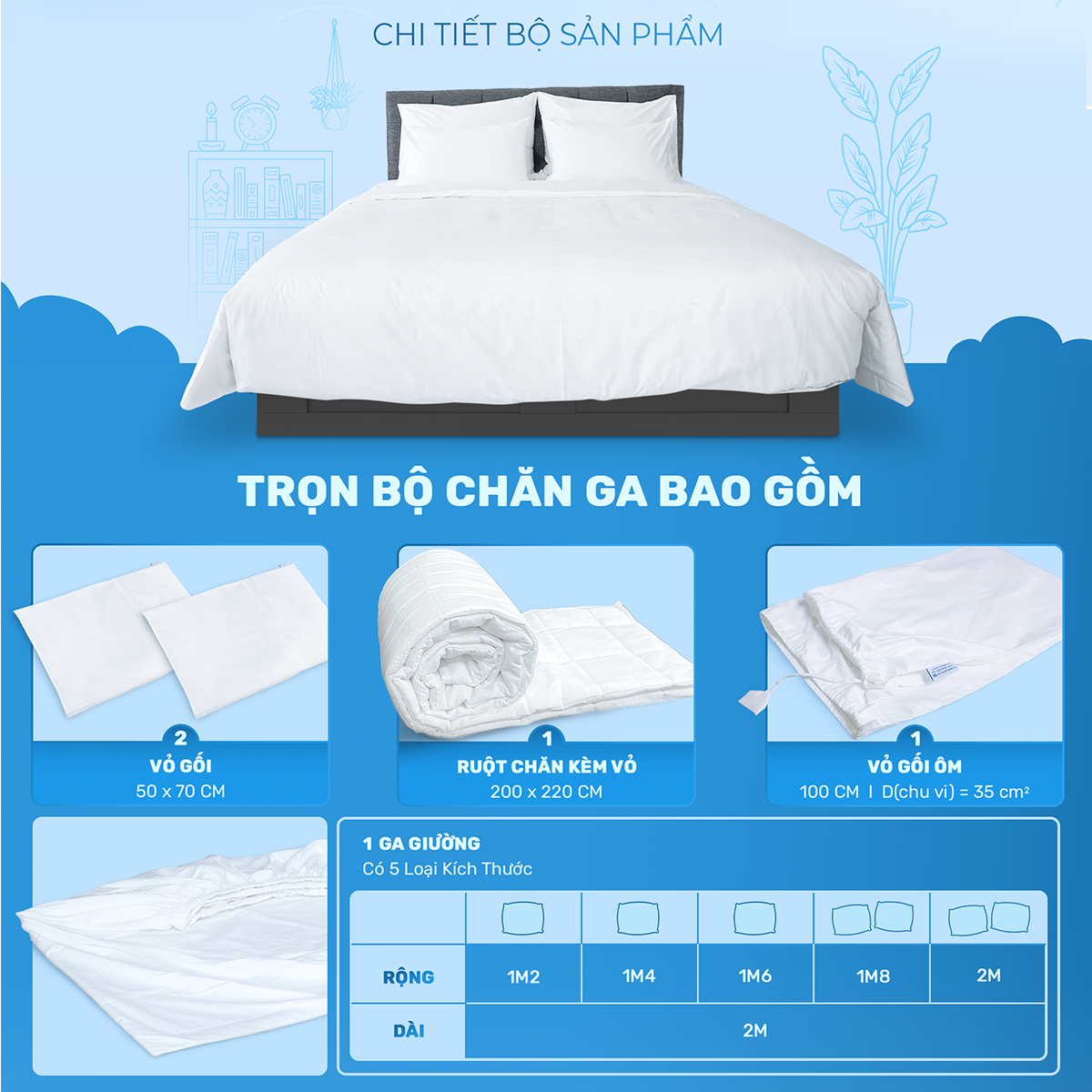 Mô tả Bộ chăn ga trắng khách sạn CHU MY, cotton Sateen 100%, T400, chuẩn 5 sao cho phòng ngủ - 2