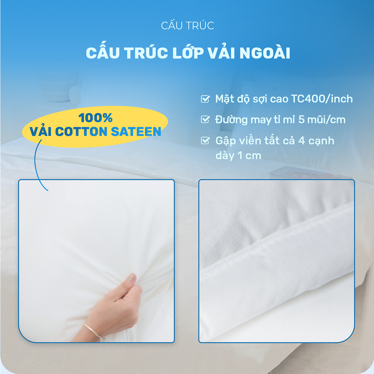 Mô tả Bộ chăn ga trắng khách sạn CHU MY, cotton Sateen 100%, T400, chuẩn 5 sao cho phòng ngủ - 3