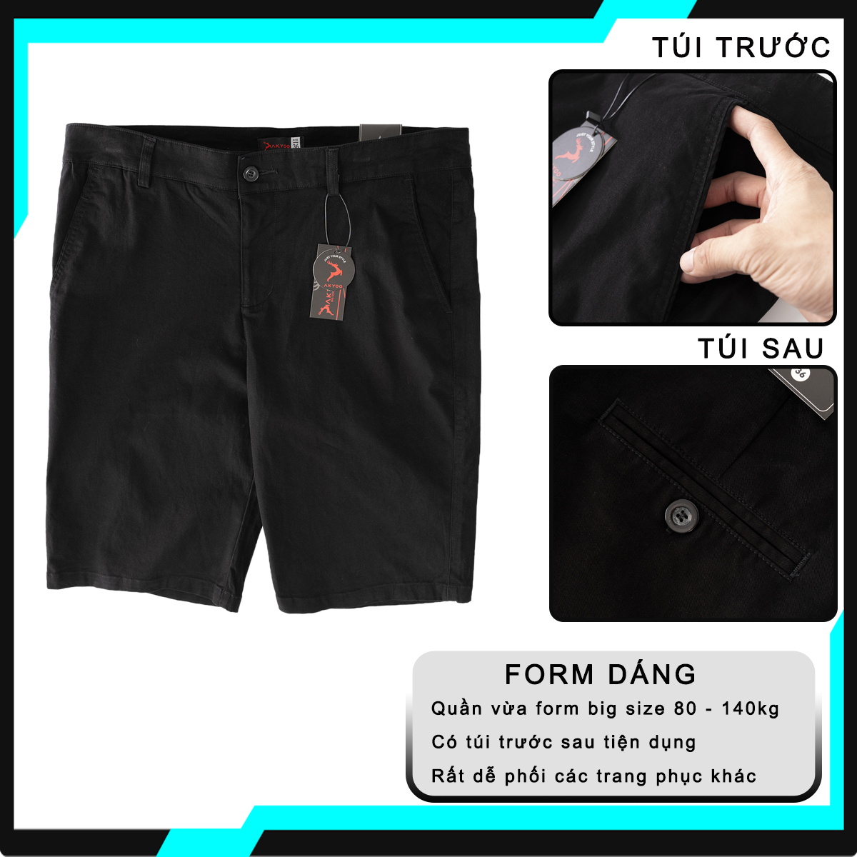 Mô tả Quần Short Kaki Big Size Nam 80-140kg AKYOO Vải Cotton Co Giãn, Thoải Mái -  SO KAKI DEN 01 - 3