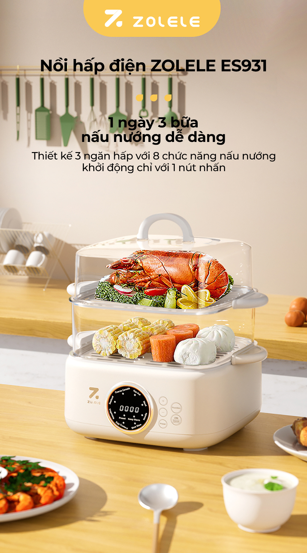 Mô tả Nồi hấp nồi lẩu điện đa năng 2 tầng ZOLELE nấu lẩu, nấu canh, hấp bánh bao ES931 9.3L - Chính hãng - 1