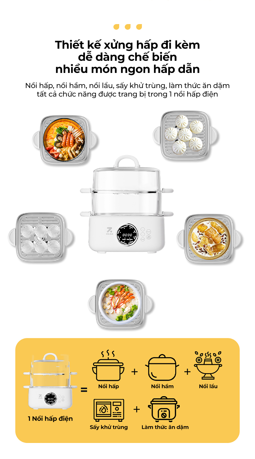 Mô tả Nồi hấp nồi lẩu điện đa năng 2 tầng ZOLELE nấu lẩu, nấu canh, hấp bánh bao ES931 9.3L - Chính hãng - 2