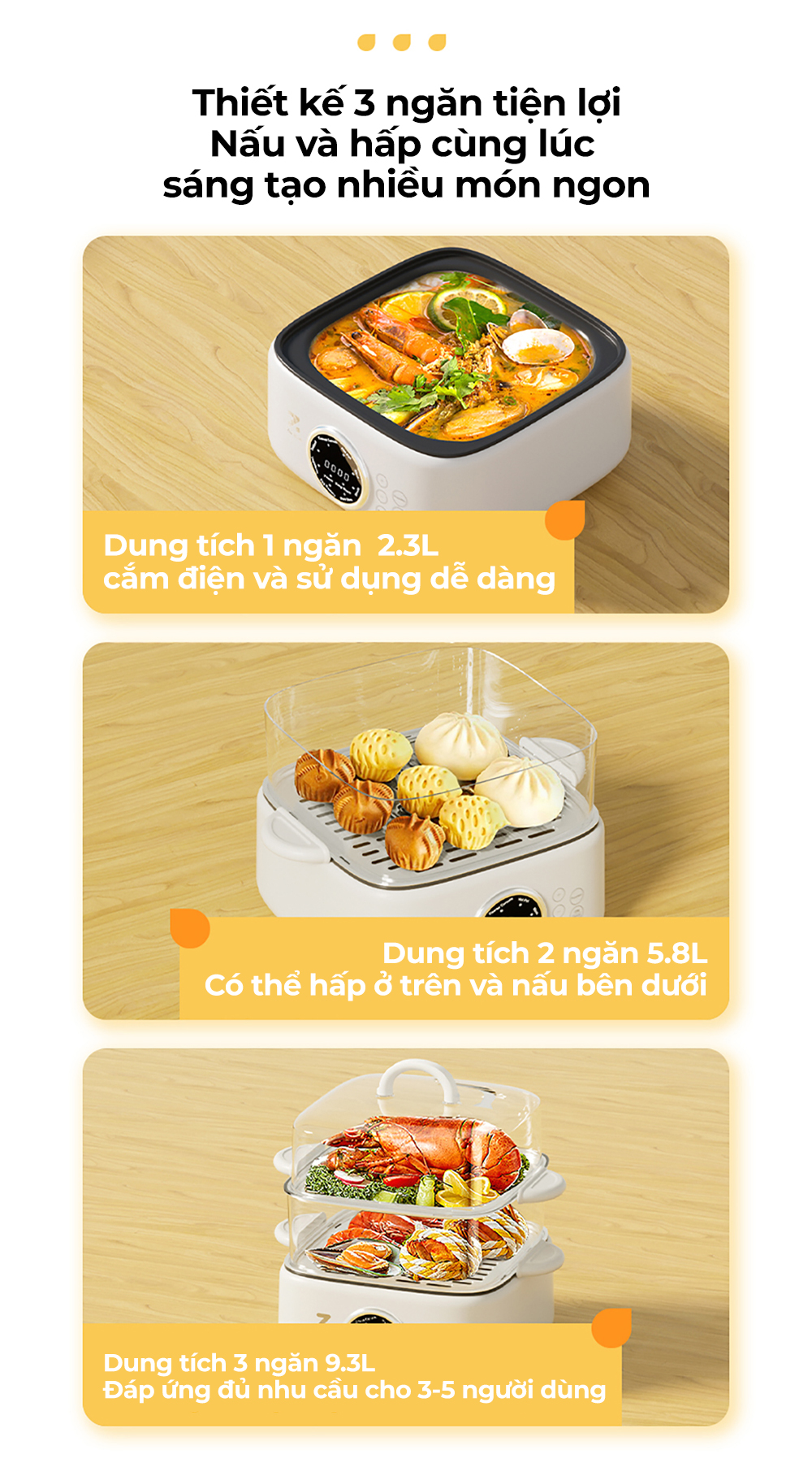 Mô tả Nồi hấp nồi lẩu điện đa năng 2 tầng ZOLELE nấu lẩu, nấu canh, hấp bánh bao ES931 9.3L - Chính hãng - 3