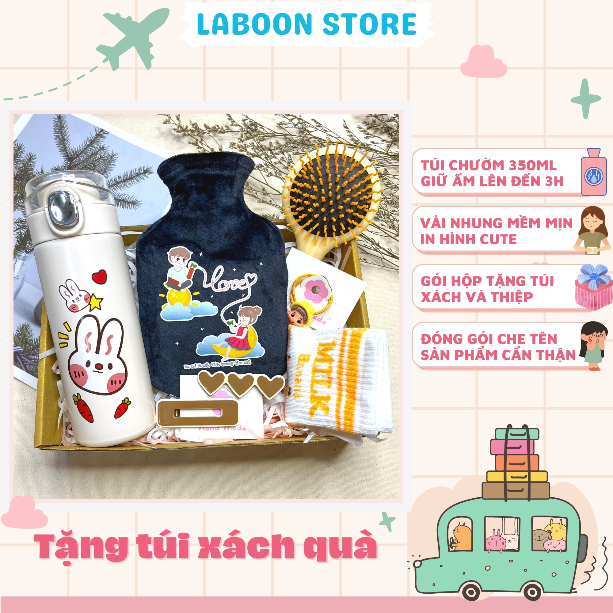 Mô tả Bộ quà tặng bạn gái túi chườm bụng đa năng 350ml LABOON kèm bình giữ nhiệt và phụ kiện siêu xinh - 1