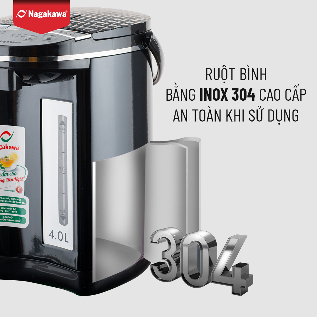 Mô tả Bình Thuỷ Điện Đun Nước Nóng Giữ Nhiệt Di Động NAGAKAWA NAG0404 (4 Lít)/NAG0405 (5L) Công Suất 750w, Inox 304, BH 1 Năm - 4