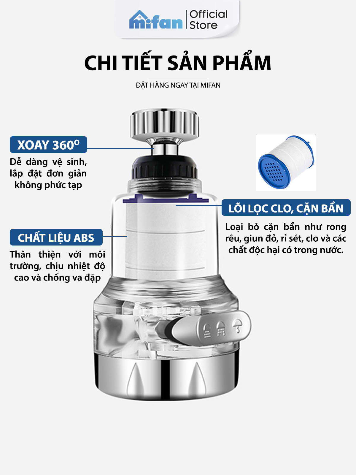 Mô tả Đầu vòi rửa bát tăng áp lọc nước 3 chế độ phun Mifan - Lõi PP loại bỏ cặn bẩn, clo, màu và mùi, cổ xoay 360 bồn rửa chén - 9