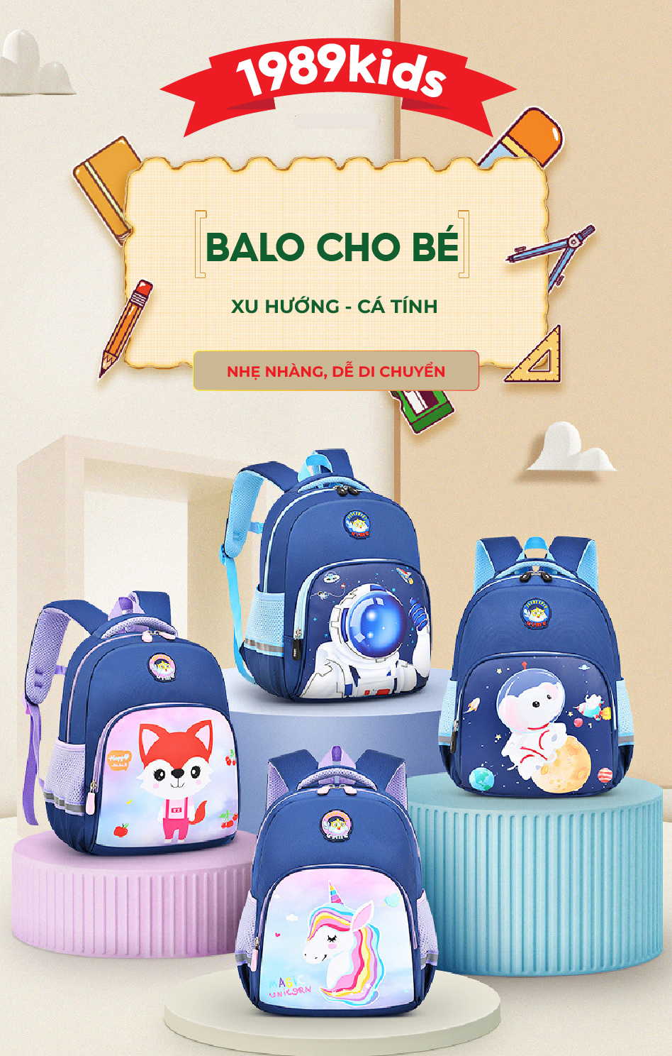 Mô tả Balo cho bé trai bé gái đi học lớp 1-6 tiểu học,lớp lá 1989KIDS SHOP siêu nhẹ 450gr hình in sắc nét đáng yêu - 1