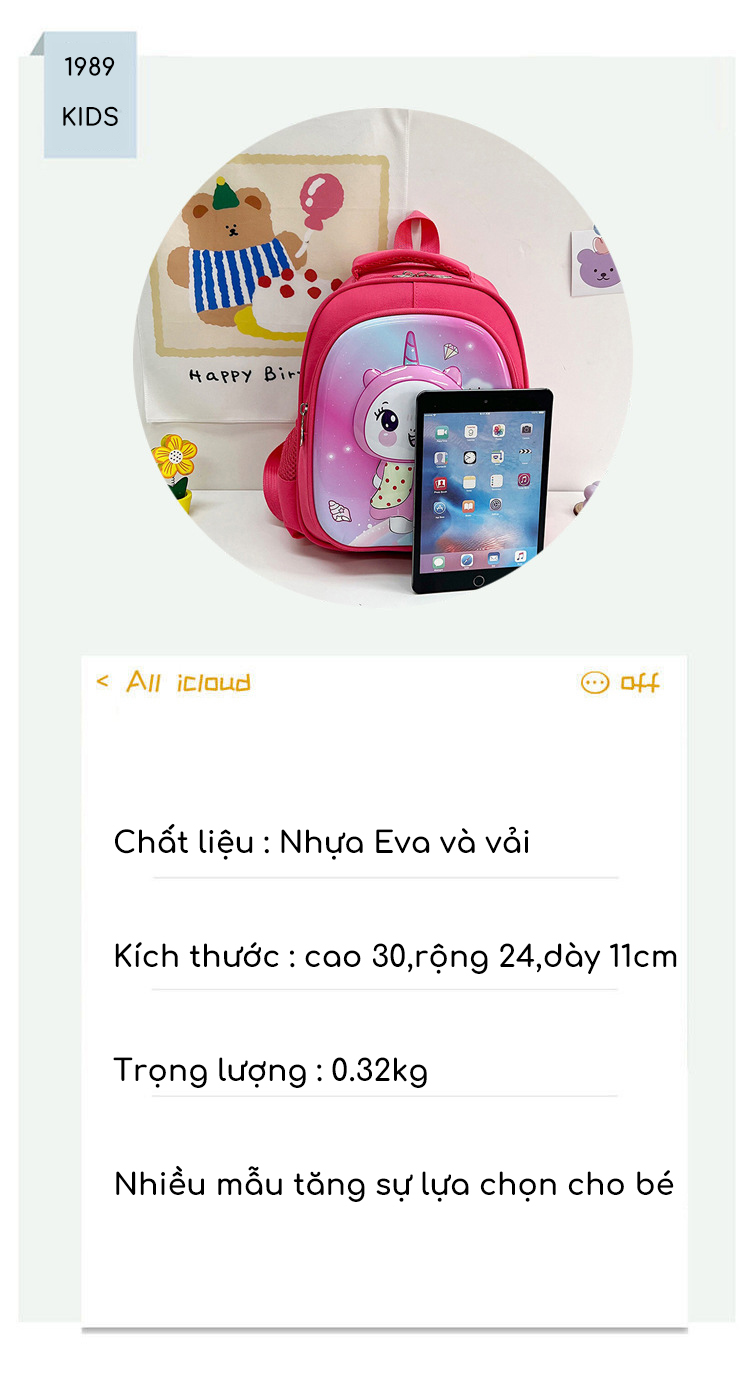 Mô tả Balo trẻ em từ 2 đến 5 tuổi 1989KIDS Balo cho bé mầm non đi học chất liệu nhựa Eva chống thấm nước,siêu nhẹ,đáng yêu - 6