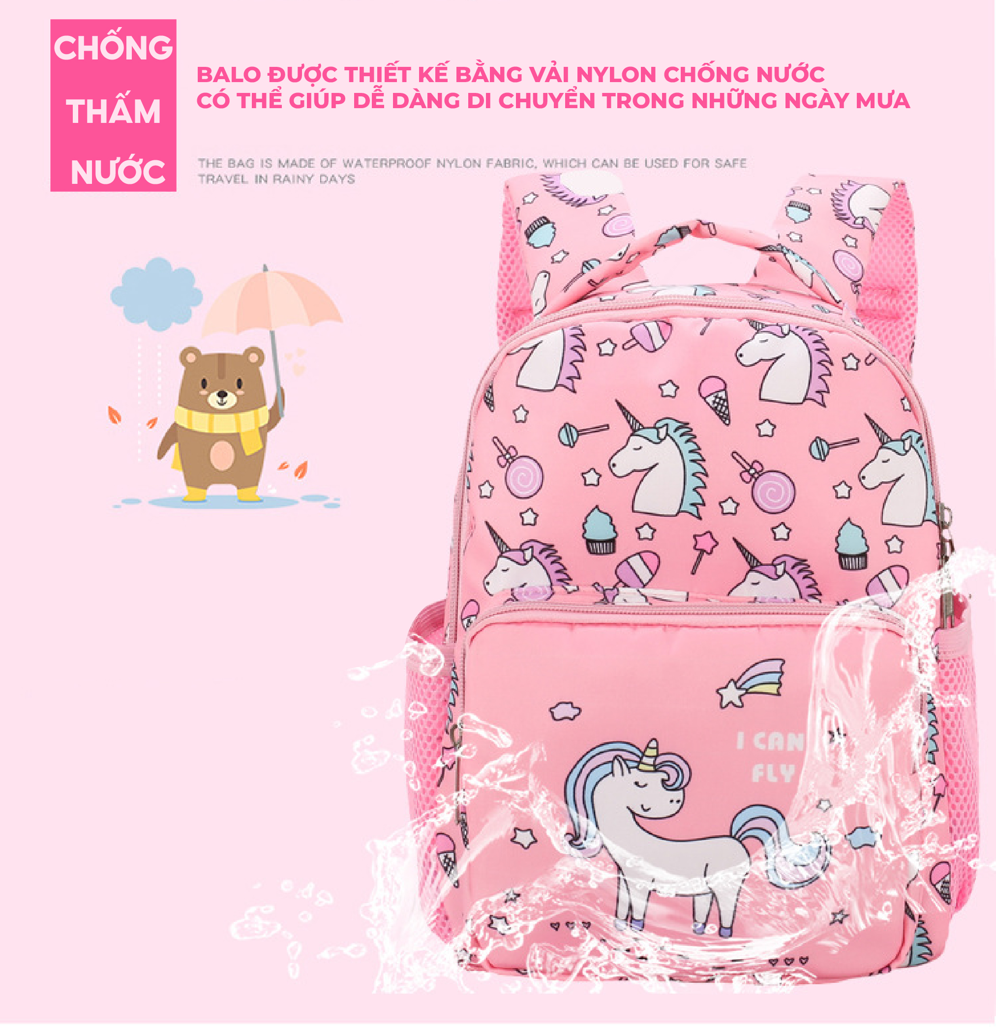 Mô tả Balo cho bé gái  đi học mẫu giáo mầm non 1989KIDS SHOP siêu nhẹ,chống thấm nước,đáng yêu,kích thước 27cm* 10cm*20cm - 3
