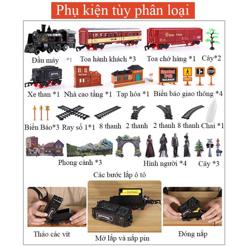 Mô tả Bộ đồ chơi đường ray xe lửa cổ điển KAVY phun được khói chất liệu hợp kim có nhạc và đèn - 3