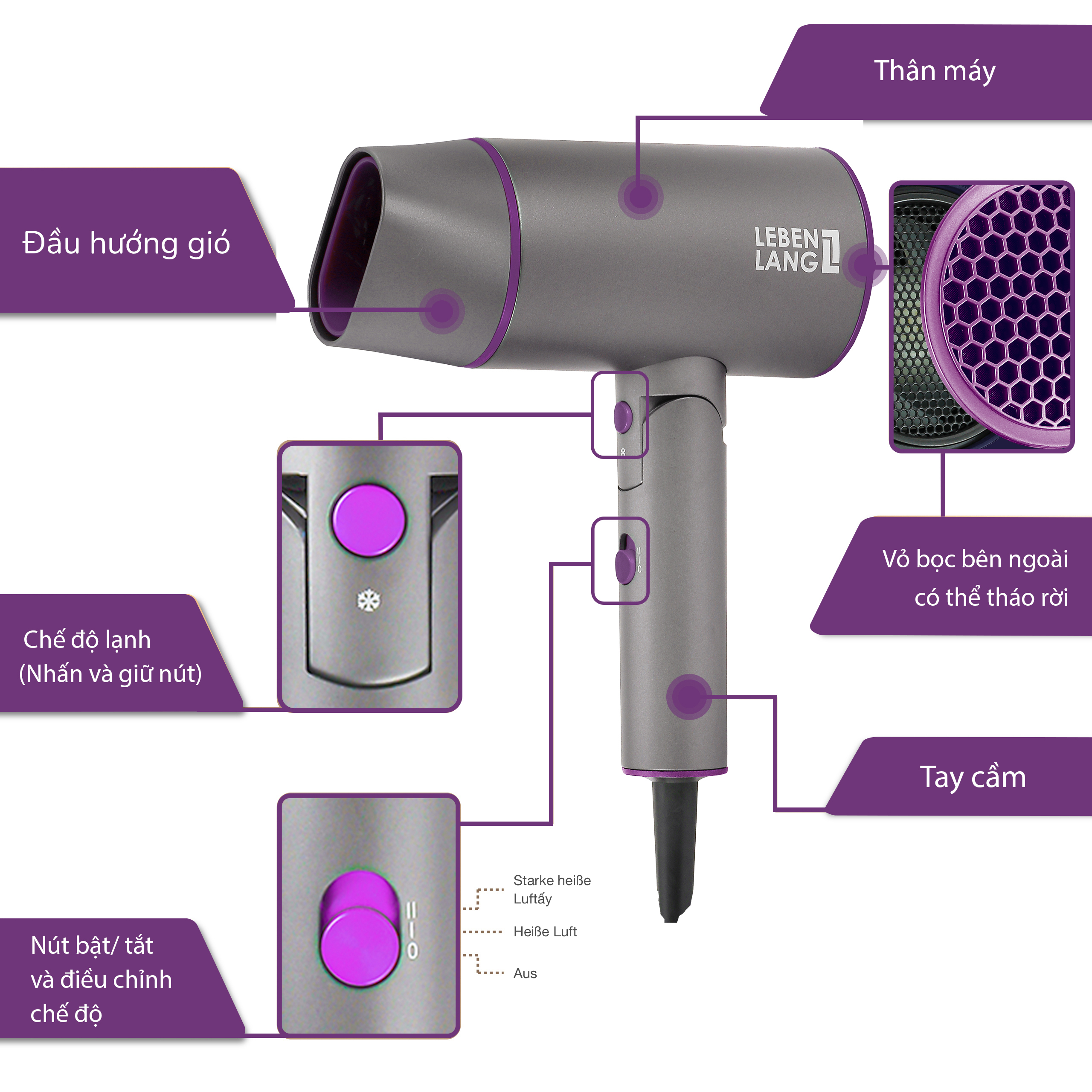 Mô tả Máy sấy tóc Lebenlang LBH3088, 2100W, sấy lạnh bấm giữ liên tục, gấp gọn, chống xơ rối công nghệ ion - 3