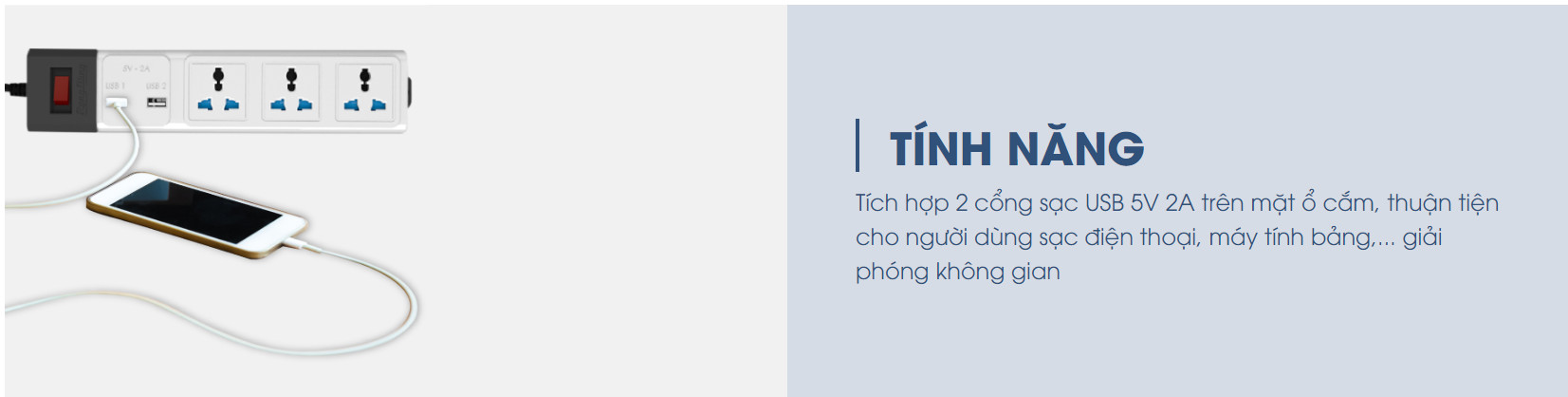 Mô tả Ổ cắm đa năng USB CHỐNG GIẬT dây 3M/5M, Sạc nhanh 5V-2a, tích hợp RƠ-LE tự ngắt Rạng Đông - Model: OC02.USB 3C/10A - 2
