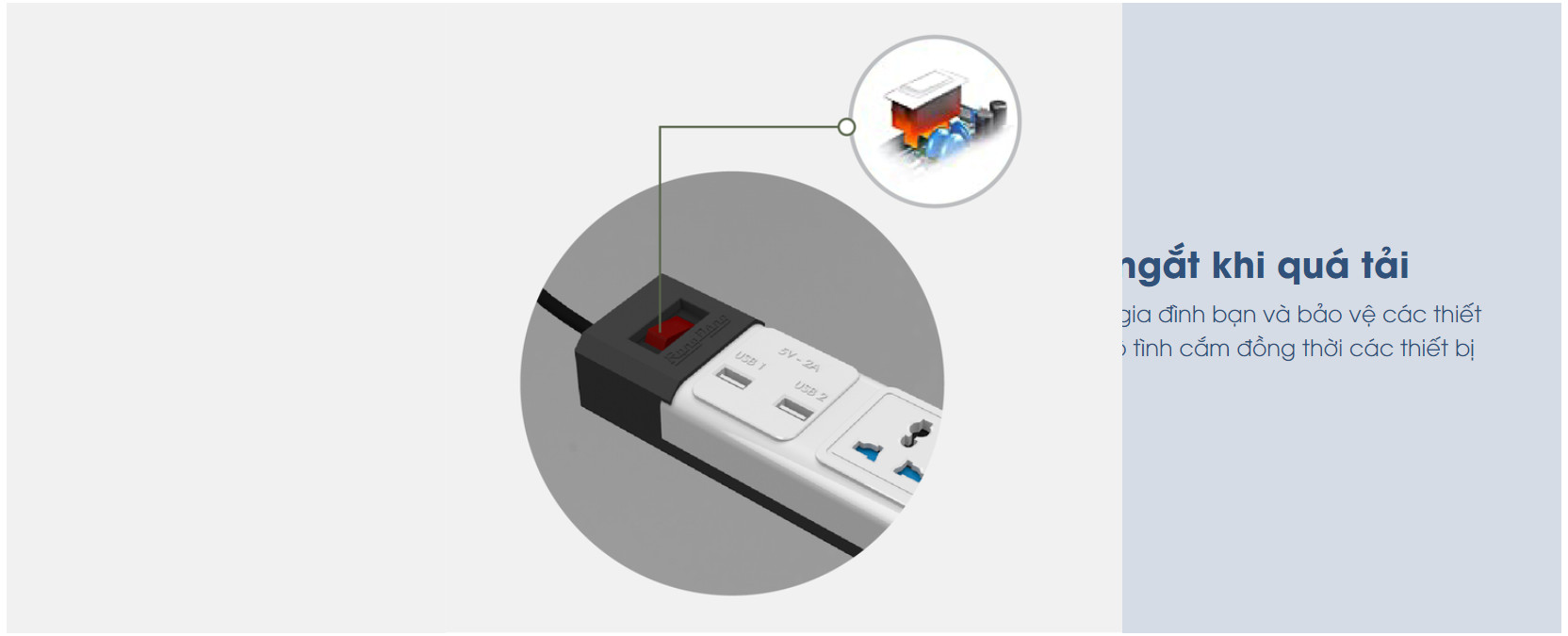 Mô tả Ổ cắm đa năng USB CHỐNG GIẬT dây 3M/5M, Sạc nhanh 5V-2a, tích hợp RƠ-LE tự ngắt Rạng Đông - Model: OC02.USB 3C/10A - 3