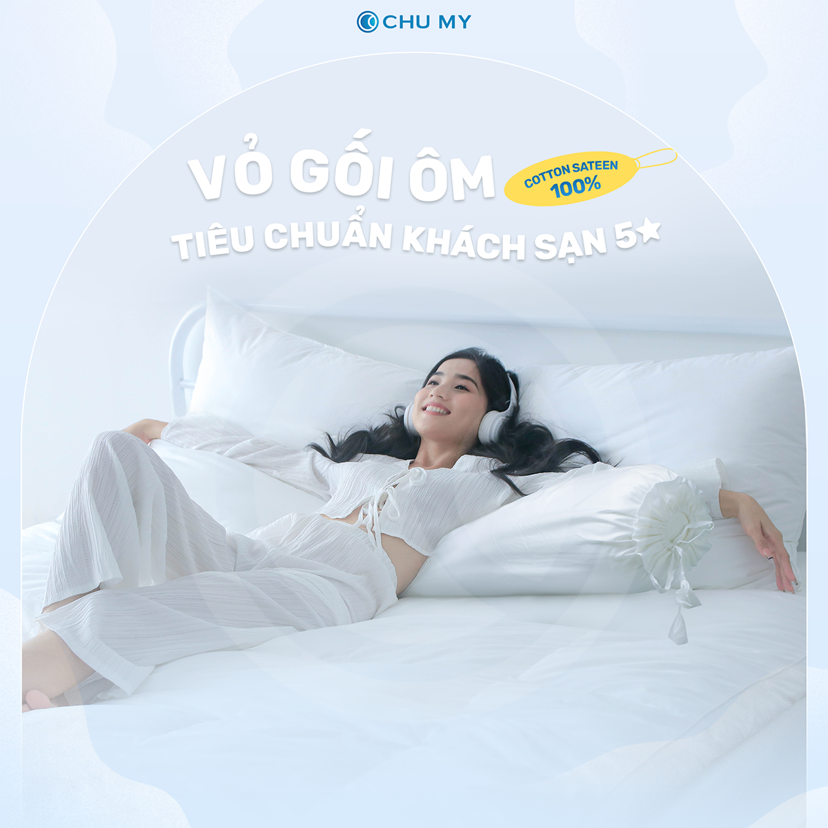 Mô tả Vỏ gối ôm CHU MY T400, 100% cotton, màu trắng, 40x100cm - Chuẩn khách sạn - 1