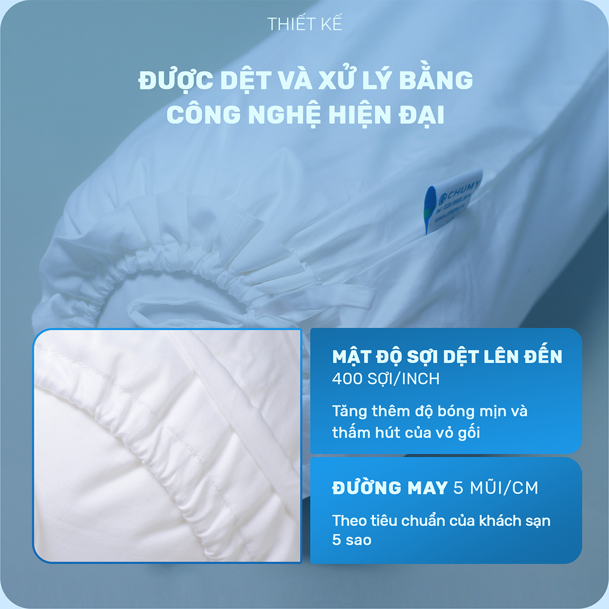 Mô tả Vỏ gối ôm CHU MY T400, 100% cotton, màu trắng, 40x100cm - Chuẩn khách sạn - 3
