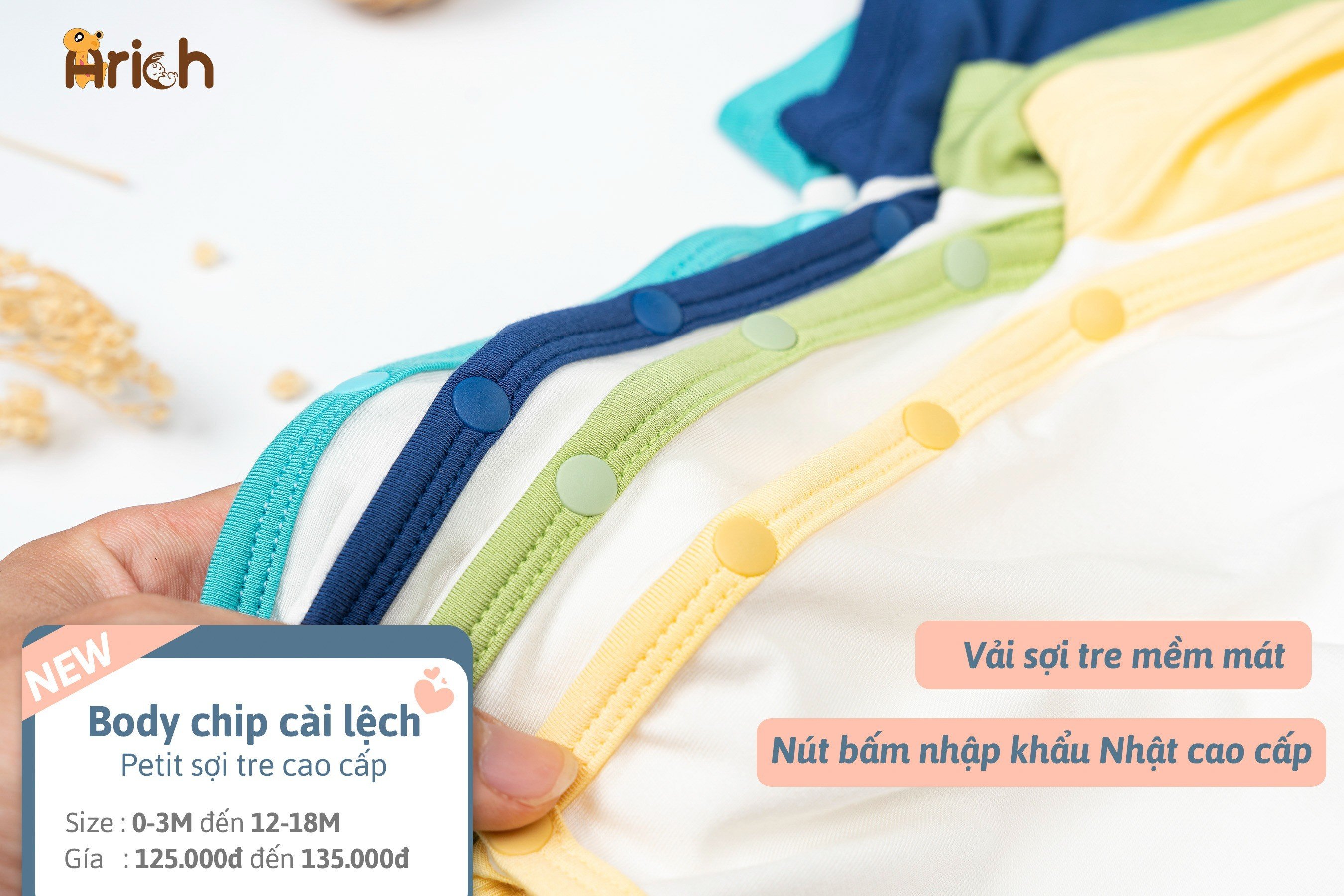 Mô tả Newborn - 18 tháng , Body chip cộc tay cài lệch Arich phối hình in cho bé trai, bé gái - 4