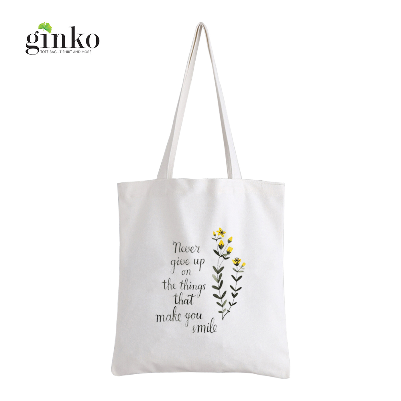 Mô tả Túi Tote Vải Canvas Trắng GINKO Kiểu Basic có dây kéo khóa ( có túi con) In Hình Never Give Up G128 - 2