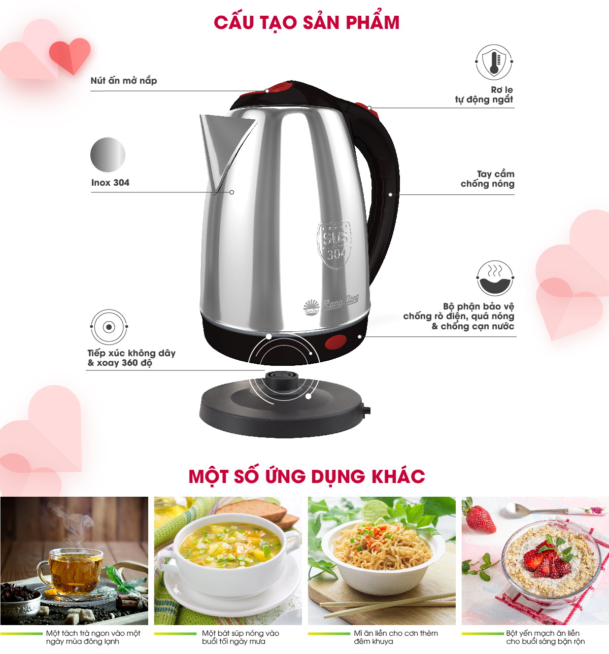 Mô tả Ấm điện siêu tốc Inox 304 dung tích 1.8L Rạng Đông - Model: AST18ST2 - 3