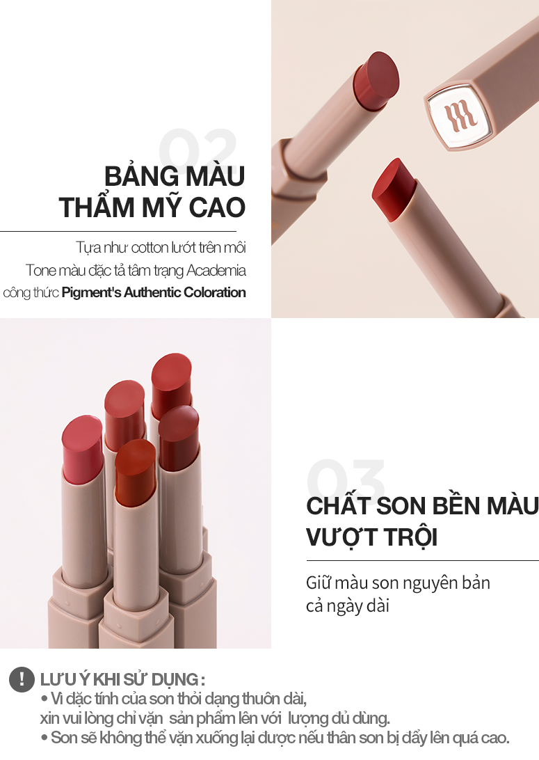Mô tả Son thỏi lì, mịn nhẹ, hiệu ứng sương mờ Merzy Academia Cotton Lipstick 1.8g - 1