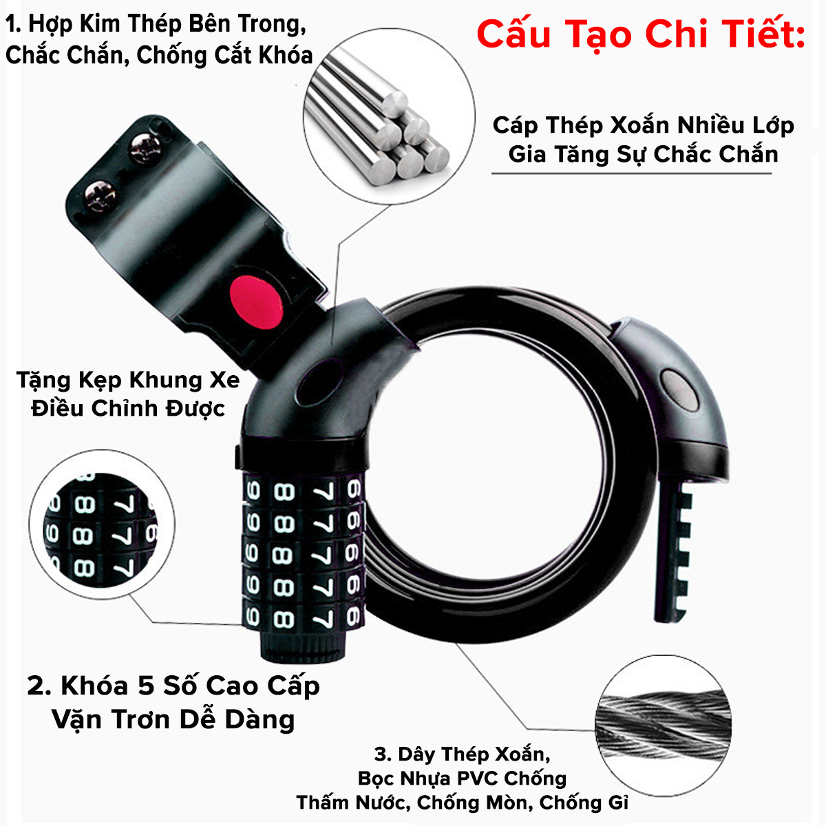 Mô tả Khóa Xe Đạp Dây Lõi Thép 5 Số Dài 120cm – Chọn Màu – Bộ Khóa Xe Máy Thông Minh Chống Trộm Cao Cấp Chính Hãng Amalife - 4