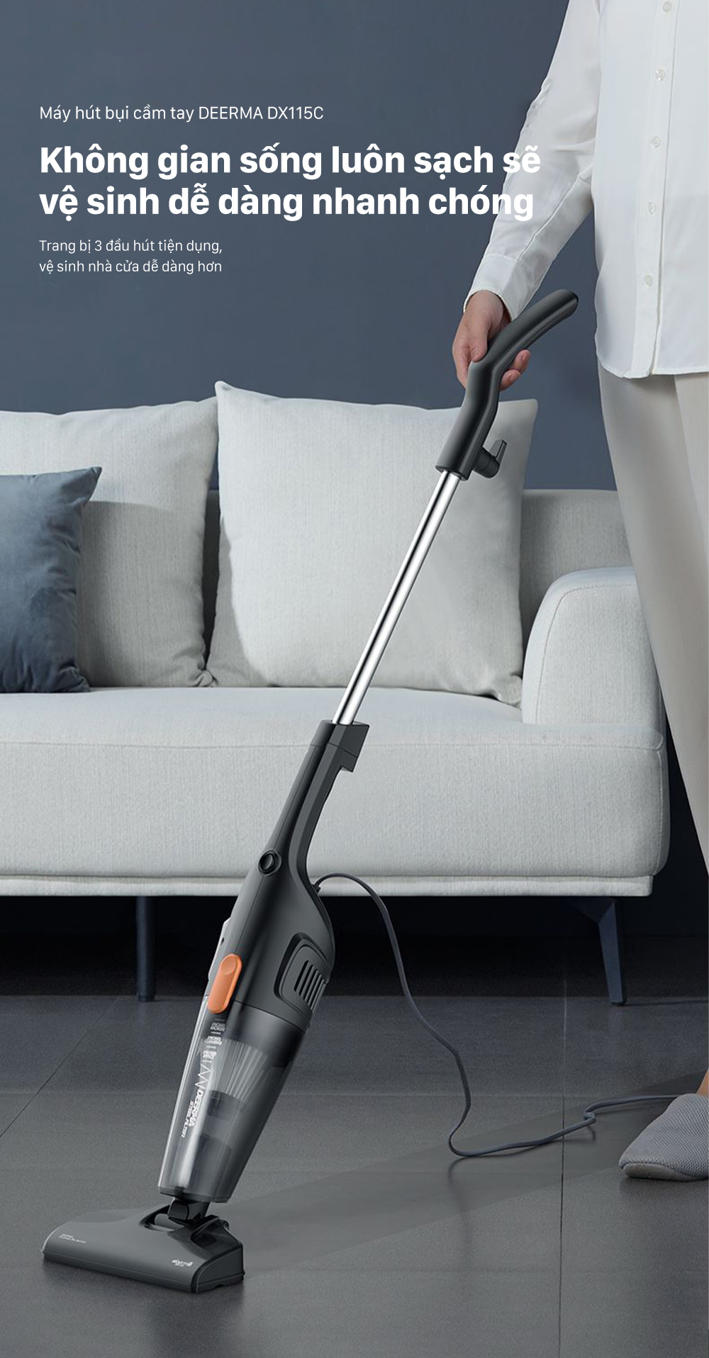 Mô tả Máy hút bụi cầm tay Deerma DX115C lực hút 15000Pa công suất 600W kèm 3 đầu hút đa năng chính hãng - Bảo hành 12 tháng - 1