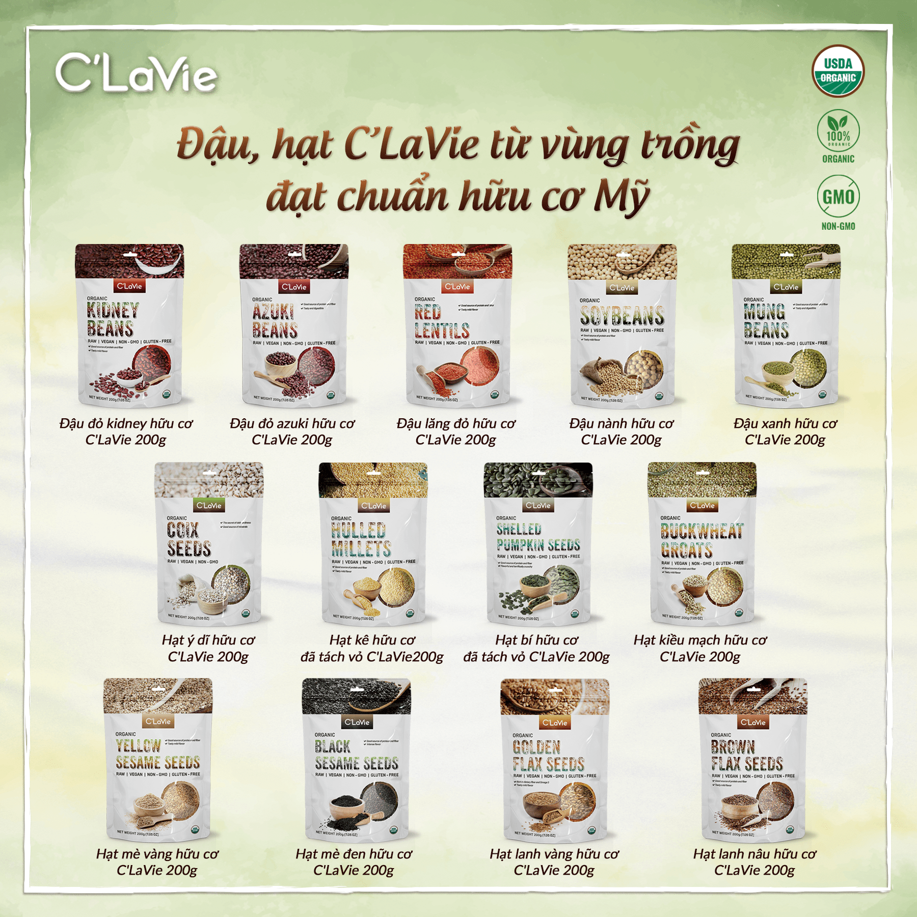 Mô tả Đậu hạt hữu cơ cho bé ăn dặm C'LaVie 200g: Đậu đỏ, Đậu xanh, Đậu nành, Đậu lăng đỏ, Hạt lanh, Hạt mè, Hạt bí, Hạt kê - 1