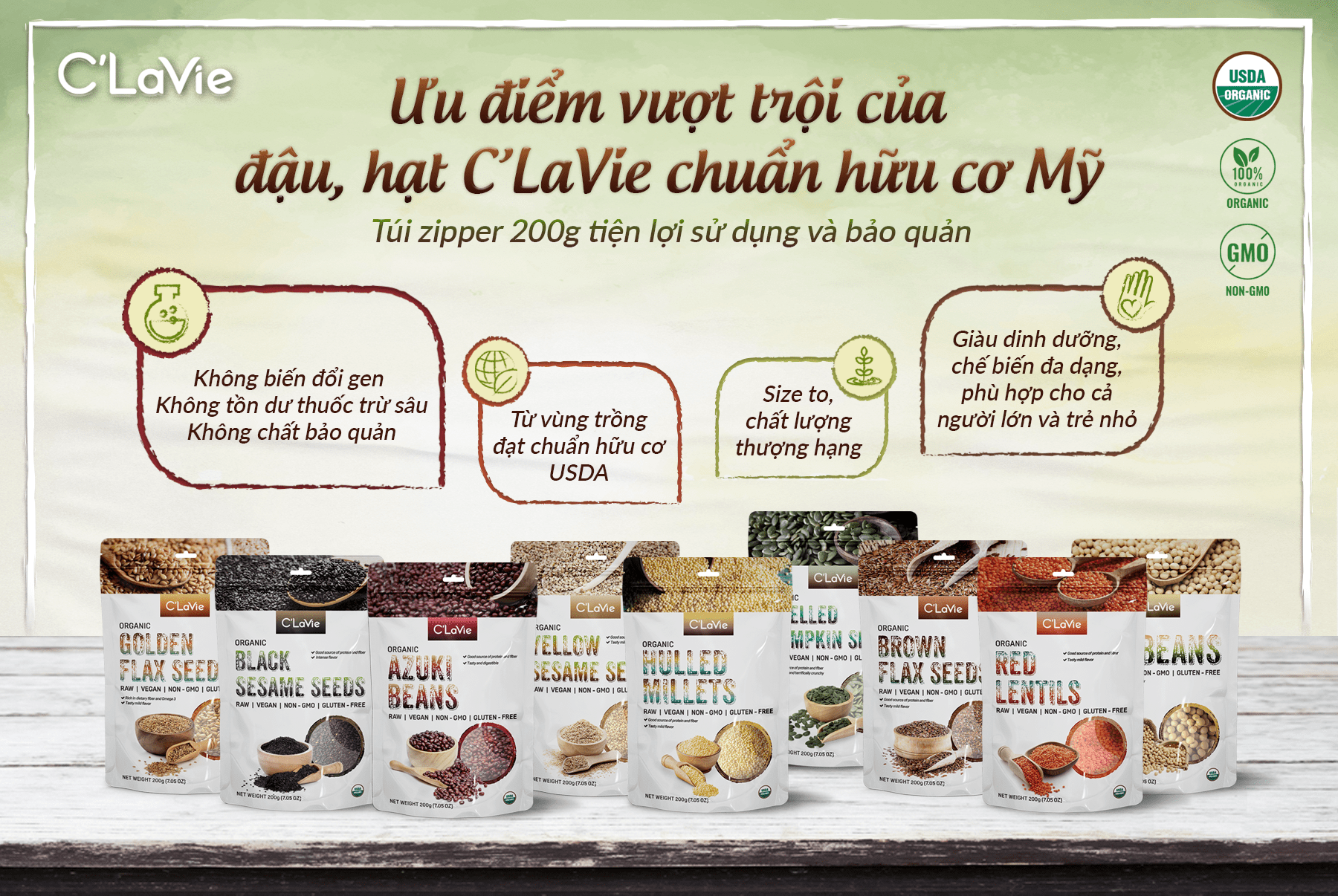 Mô tả Đậu hạt hữu cơ cho bé ăn dặm C'LaVie 200g: Đậu đỏ, Đậu xanh, Đậu nành, Đậu lăng đỏ, Hạt lanh, Hạt mè, Hạt bí, Hạt kê - 4