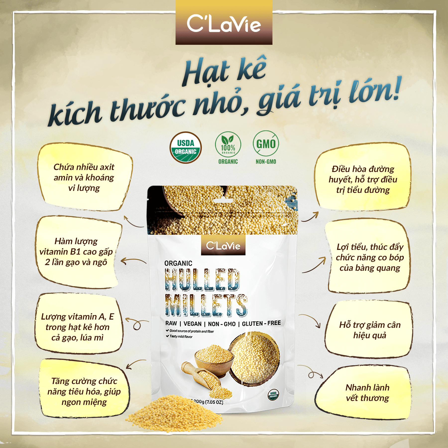 Mô tả Hạt kê nếp vàng đã tách vỏ hữu cơ C'LaVie 200g - 3