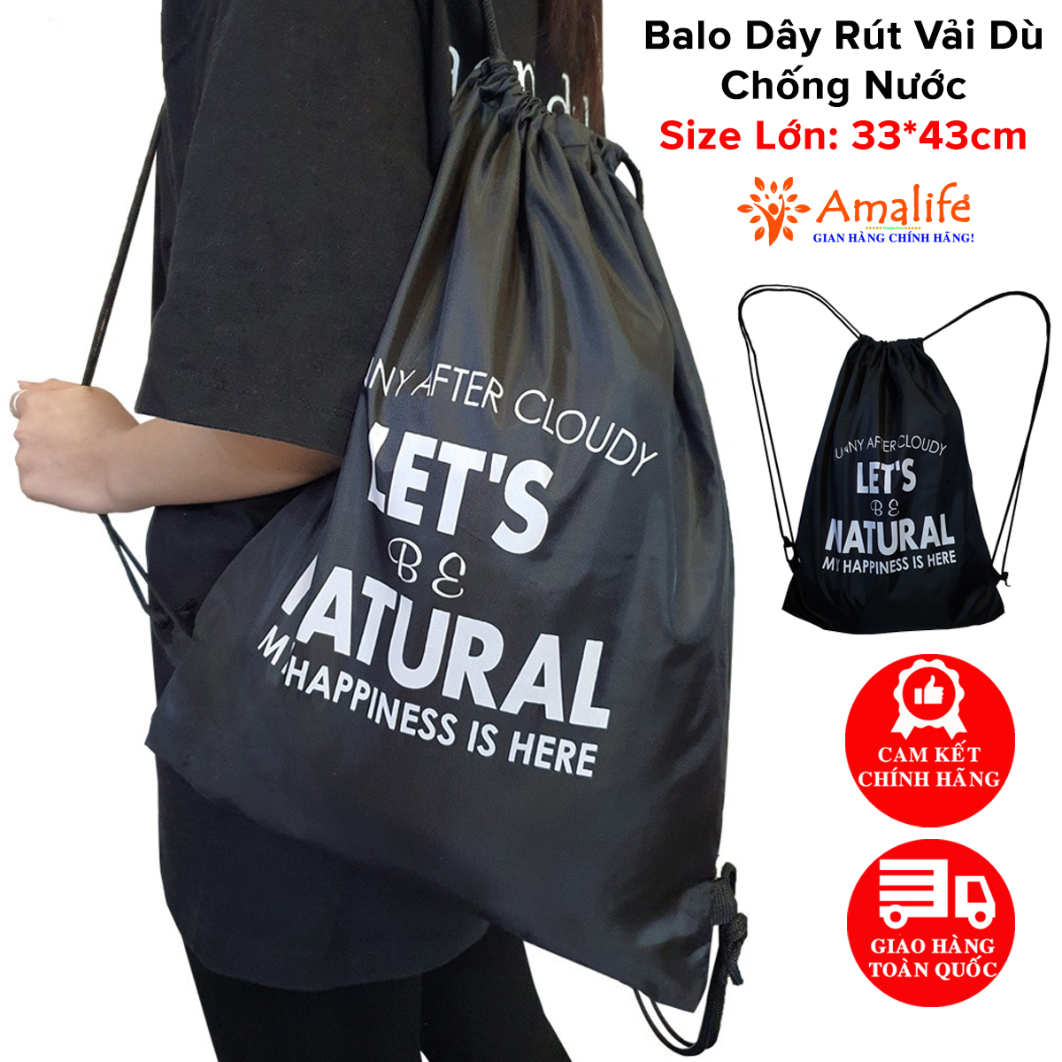 Mô tả [Màu Đen] Balo Dây Rút Unisex Đựng Đồ Đa Năng, Túi Gấp, Túi Dây Rút Vải Dù Chống Thấm Nước Chính Hãng Amalife - 1