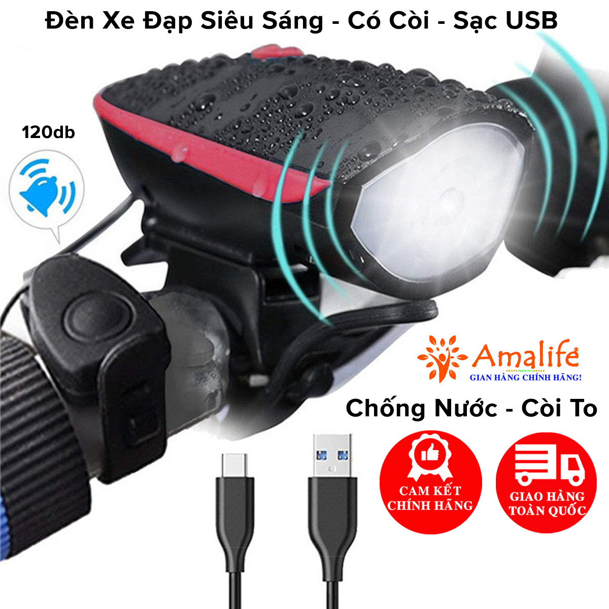 Mô tả Đèn Còi Xe Đạp Thể Thao Siêu Sáng Kèm Pin Sạc USB LED T6 Chống Nước – Đèn Còi 140db 3 Chế Độ Sáng Chính hãng Amalife - 1