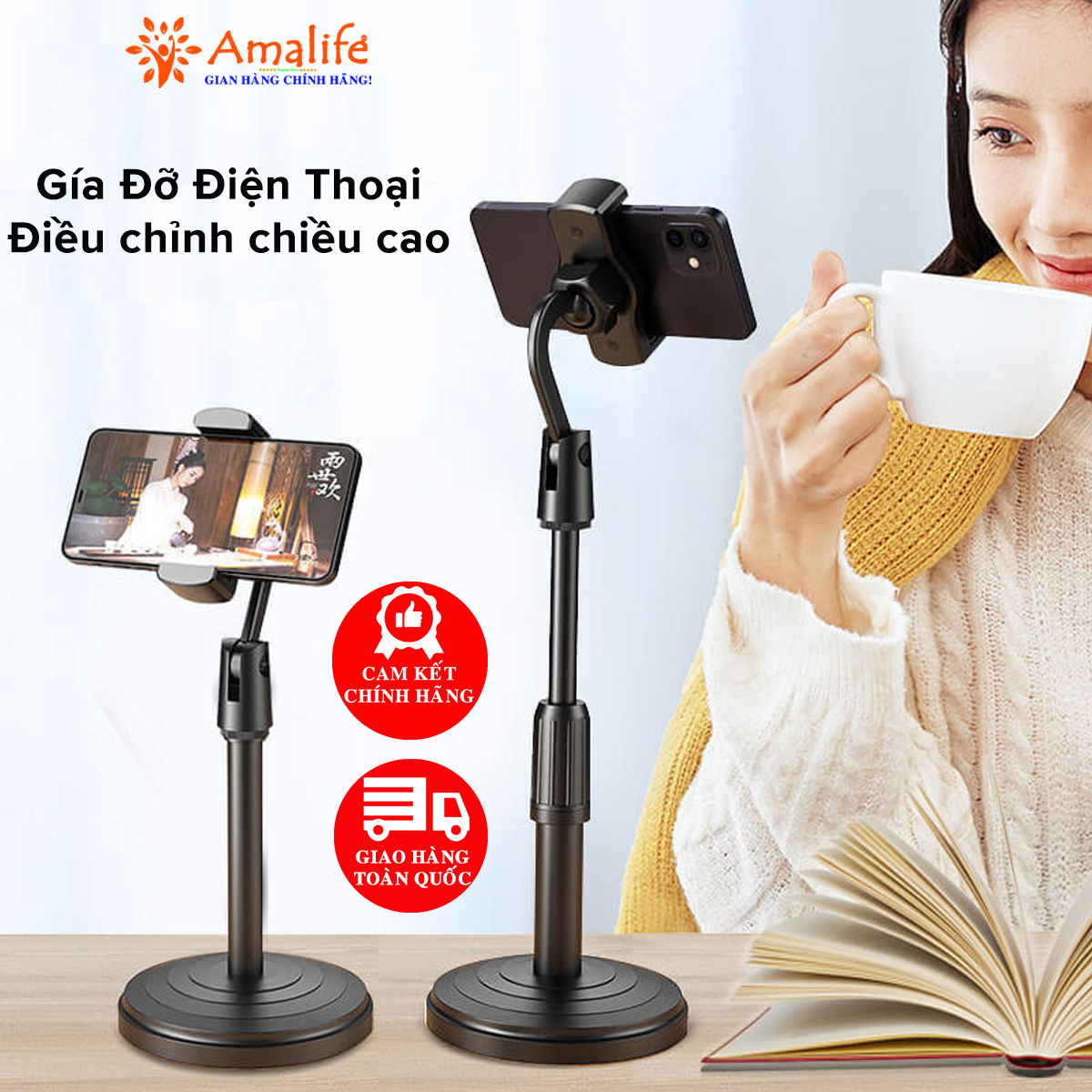 Mô tả Giá Đỡ Điện Thoại, Bộ Chân Đế Để Bàn Dùng Livestream, Quay Video, Học Online, Ghi Hình Xoay 360 Độ Chính Hãng Amalife - 1