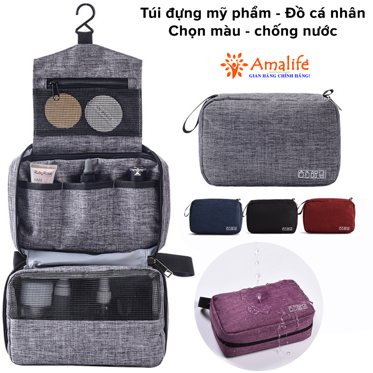 Mô tả Túi Đựng Đồ Mỹ Phẩm,  Đồ Trang Điểm, Đồ Cá Nhân Đi Du Lịch Nhiều Ngăn Chống Nước Có Quai Xách Chính Hãng Amalife - 1