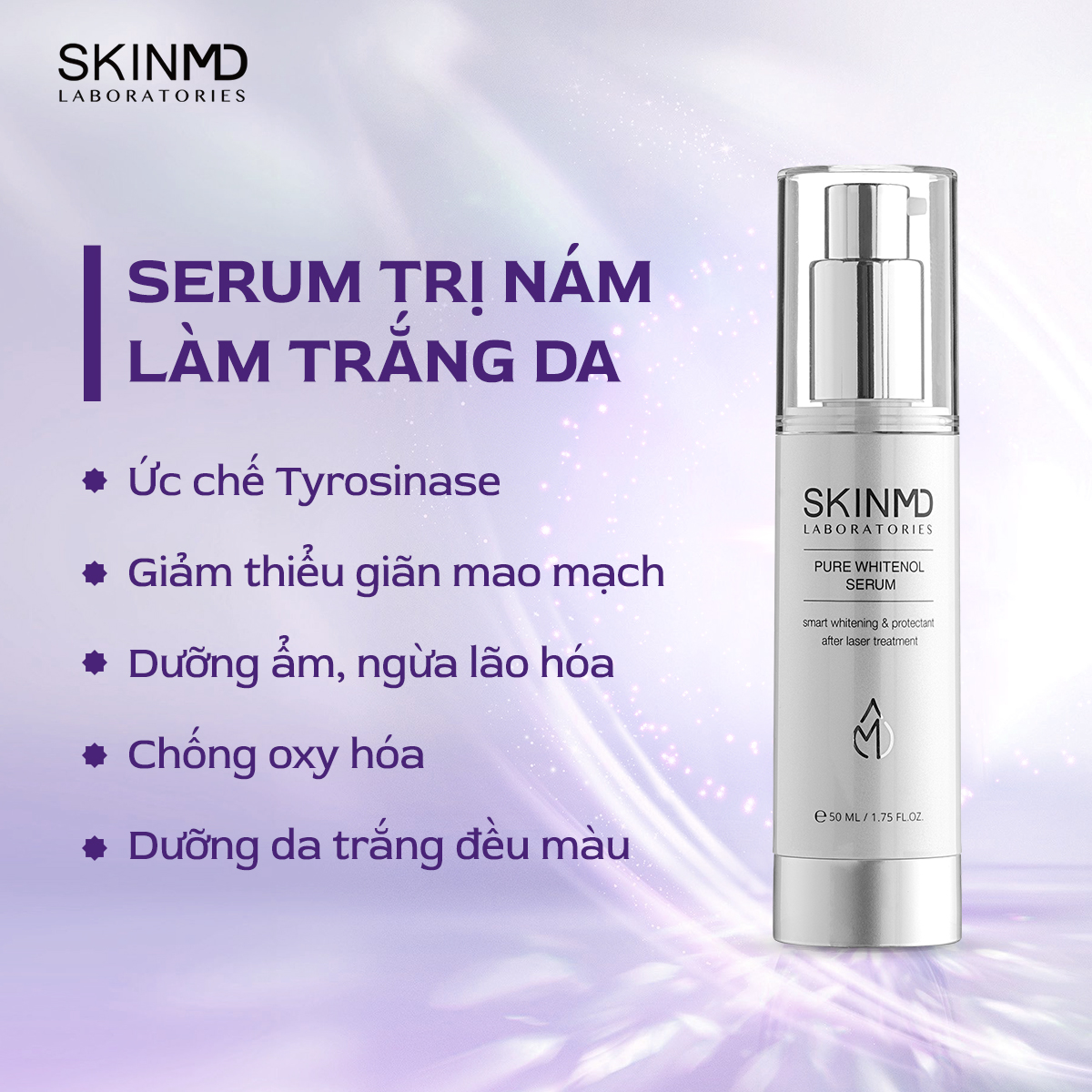 Mô tả Serum mờ nám tàn nhang SkinMD Pure Whitenol Serum 50ml trắng đều màu da - 1