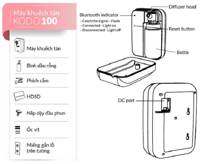 Mô tả Máy khuếch tán tinh dầu Kodo 100 dành cho phòng khách, phòng ngủ, cửa hàng, showroom 100m2, dung tích: 250ml - 1