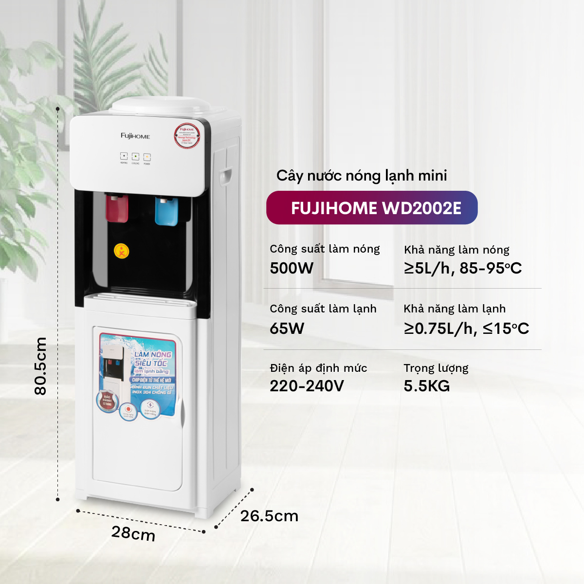 Mô tả Cây nước nóng lạnh FUJIHOME WD2002E làm lạnh điện tử, có ngăn để cốc chén, tiết kiệm điện năng - 3