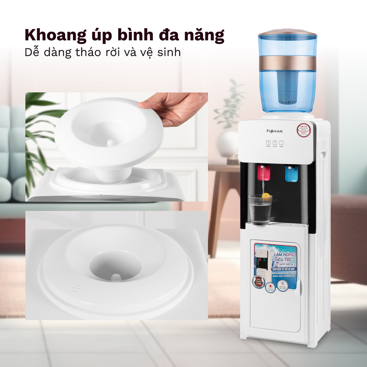 Mô tả Cây nước nóng lạnh FUJIHOME WD2002E làm lạnh điện tử, có ngăn để cốc chén, tiết kiệm điện năng - 6