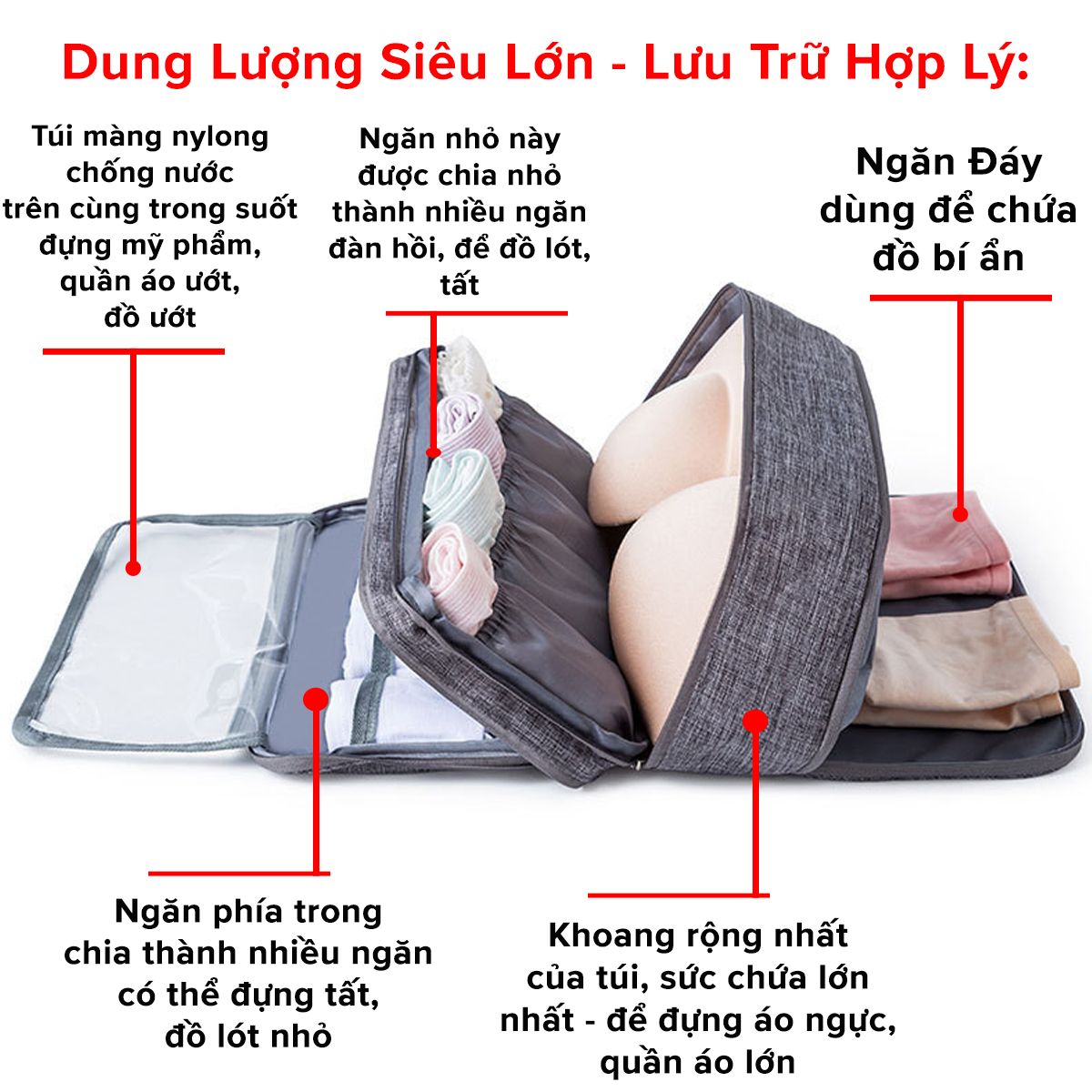 Mô tả Túi Đựng Đồ Lót, Áo Ngực, Mỹ Phẩm Tất Chống Thấm Nước Tiện Lợi Khi Đi Du Lịch Nhiều Ngăn Chọn Màu Chính Hãng Amalife - 4