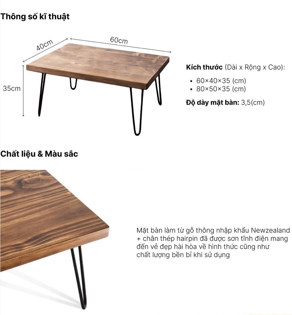 Mô tả Bàn trà Sofa gỗ thông FEGO chân sắt hairpin chắc chắn, dày dặn dùng cho phòng khách - 4