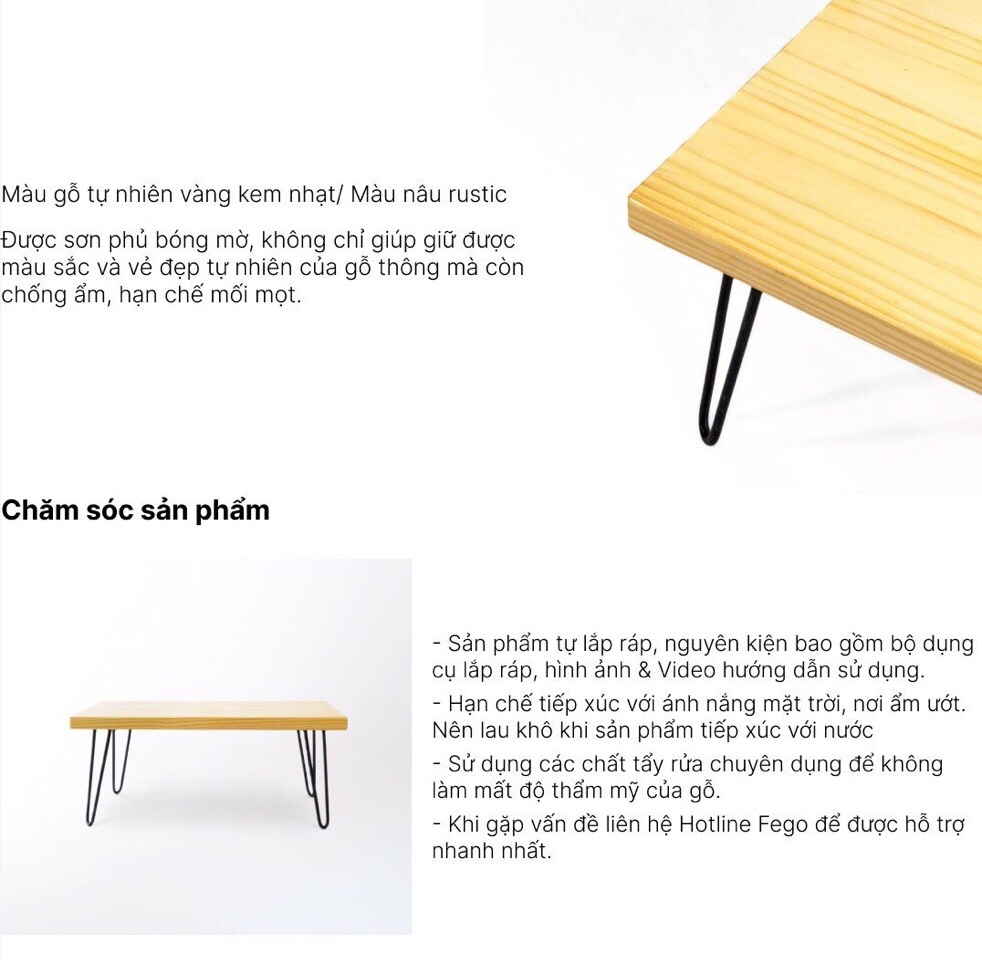 Mô tả Bàn trà Sofa gỗ thông FEGO chân sắt hairpin chắc chắn, dày dặn dùng cho phòng khách - 5