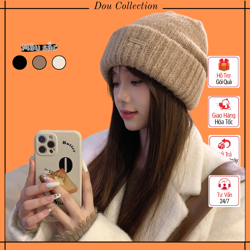 Mũ len unisex, Nón len trơn chất dày co dãn tốt hoạ tiết trơn phối tag ...