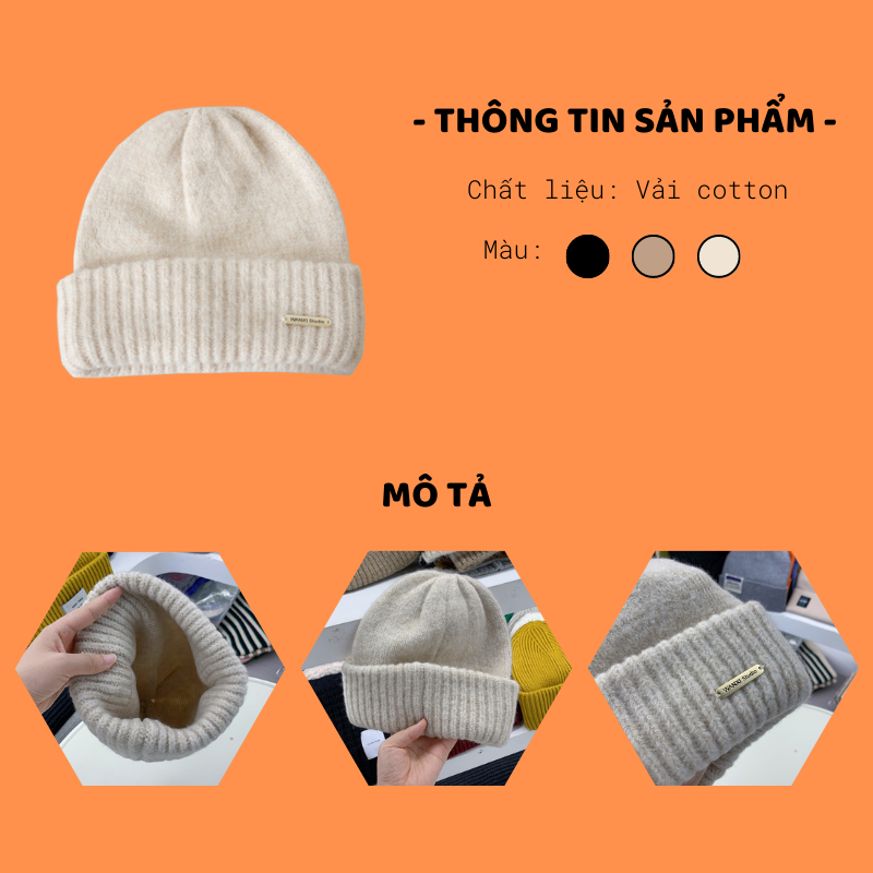 Mũ len unisex, Nón len trơn chất dày co dãn tốt hoạ tiết trơn phối tag ...