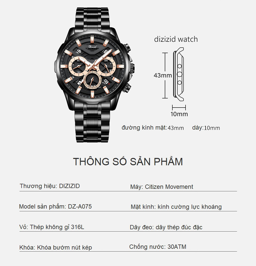 Mô tả Đồng hồ nam chính hãng DIZIZID chống nước tốt - Dây thép đúc đặc - Chạy full 6 kim và lịch ngày - Tặng PIN DZ-A075 - 1