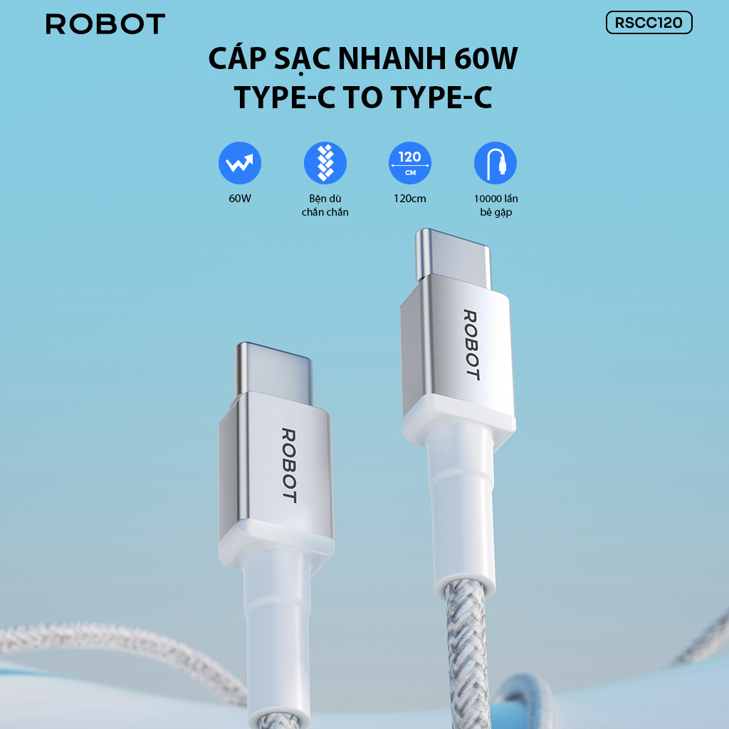 Mô tả Cáp Sạc Nhanh 60W ROBOT RSCC120 Type-C to Type-C Chất Liệu Dù Dài 1,2m - 1