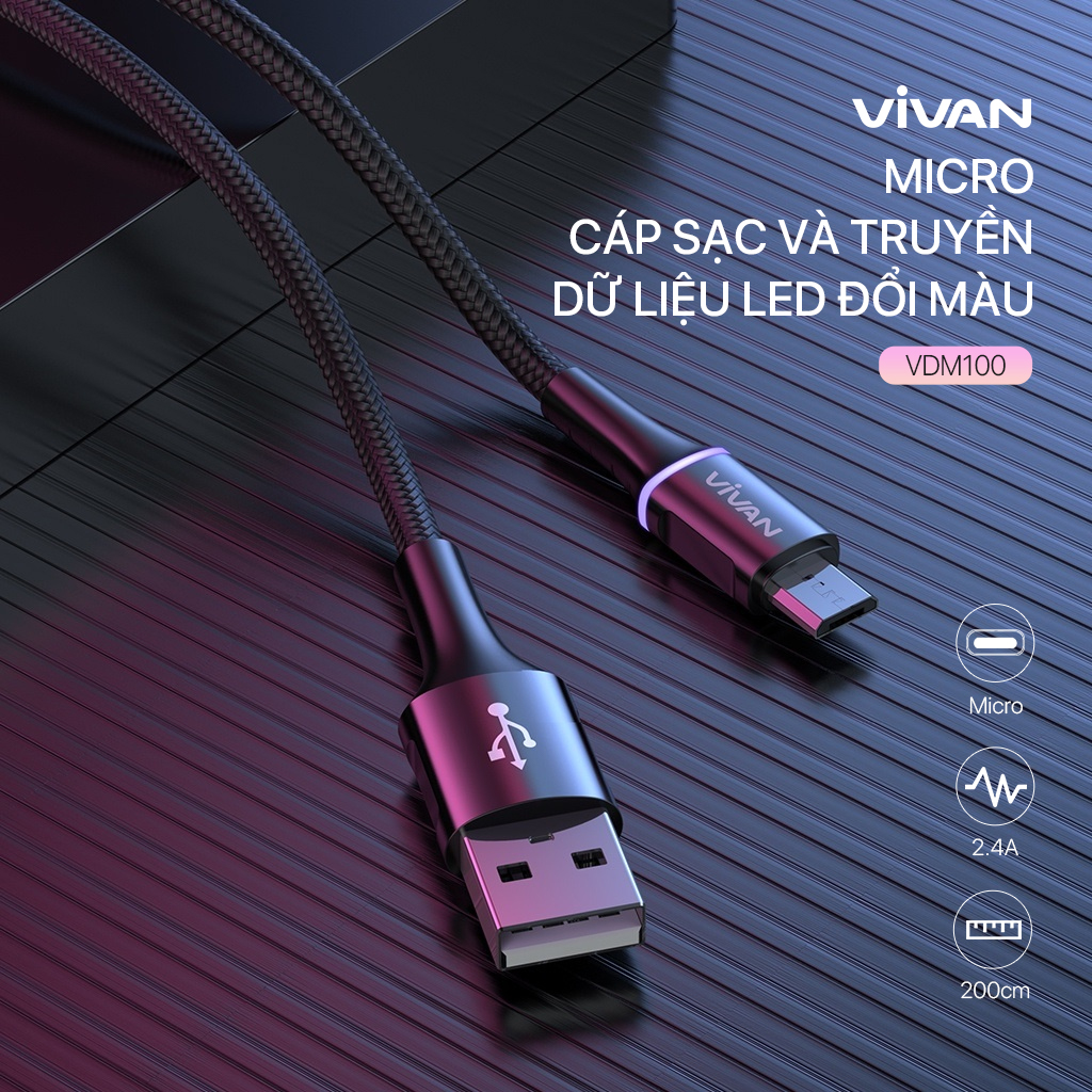 Mô tả Dây sạc MicroUSB/ TypeC/ Lin VIVAN VDM/VDC/VDL 2.4A Thân cáp bọc dù, Dài 100cm/ 120cm - Hàng Chính Hãng - 1